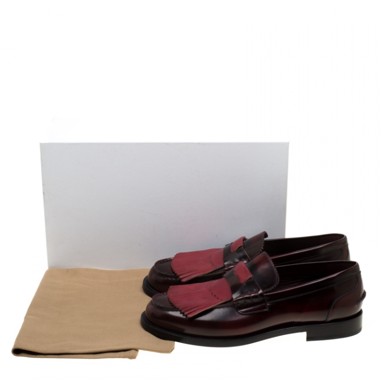 Pre Owned Burberry Burgundy Leather Bedmoore Fringe Detail Penny Loafers Size 44