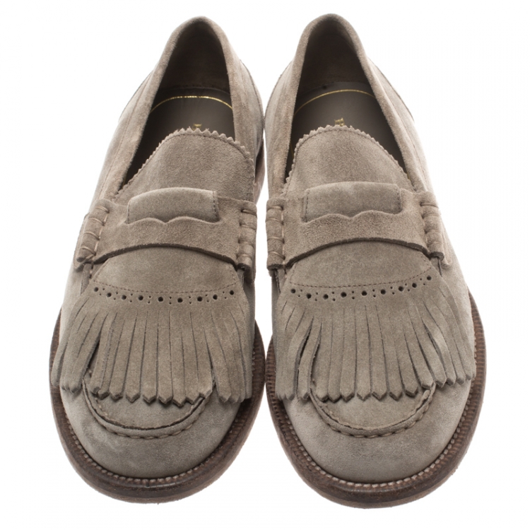 Pre Owned Burberry Grey Suede Bedmoore Fringe Detail Penny Loafers Size 41