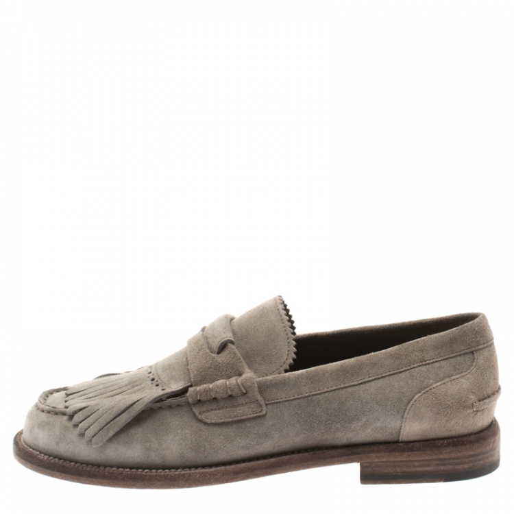 Pre Owned Burberry Grey Suede Bedmoore Fringe Detail Penny Loafers Size 41