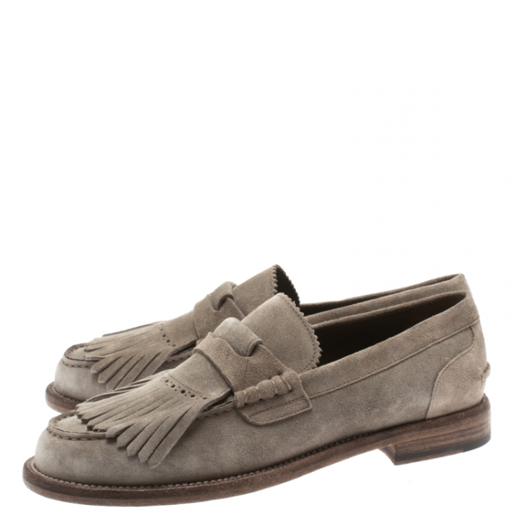 Pre Owned Burberry Grey Suede Bedmoore Fringe Detail Penny Loafers Size 41