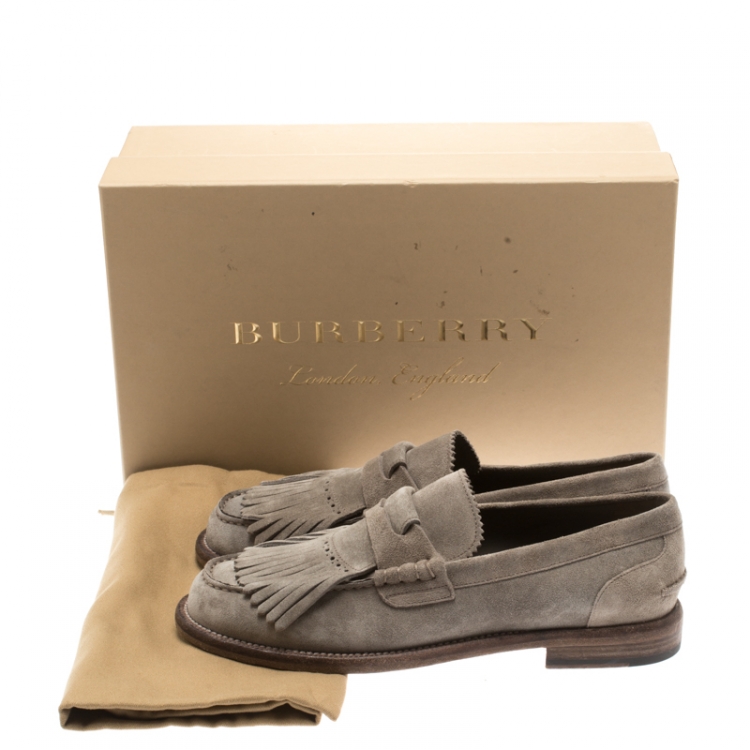 Pre Owned Burberry Grey Suede Bedmoore Fringe Detail Penny Loafers Size 41