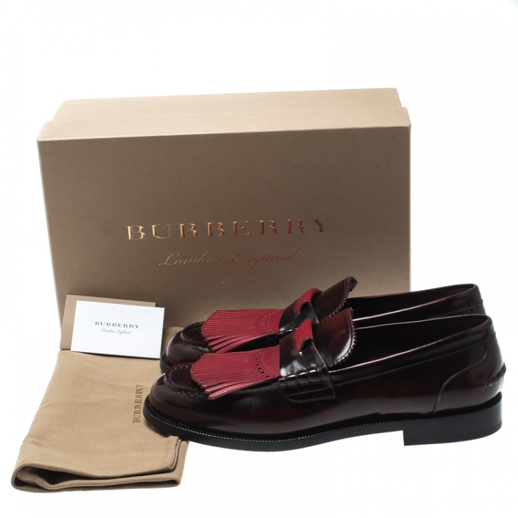 Pre Owned Burberry Burgundy Leather Bedmoore Fringe Detail Penny Loafers Size 45