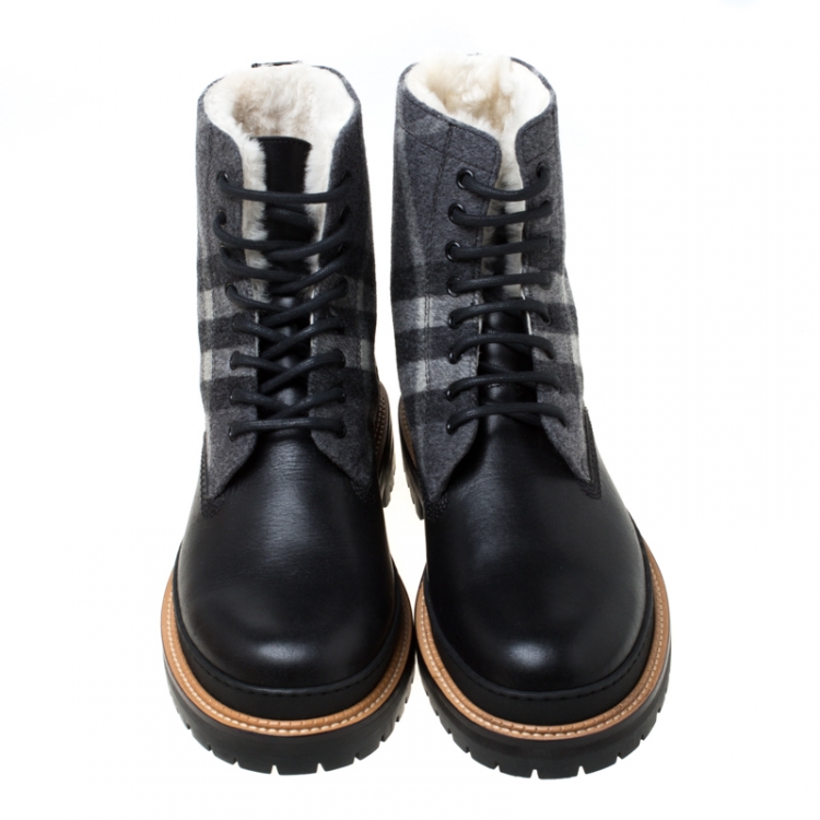 Pre Owned Burberry Black Leather And Wool Blend William Check Fur Lined Ankle Boots Size 41