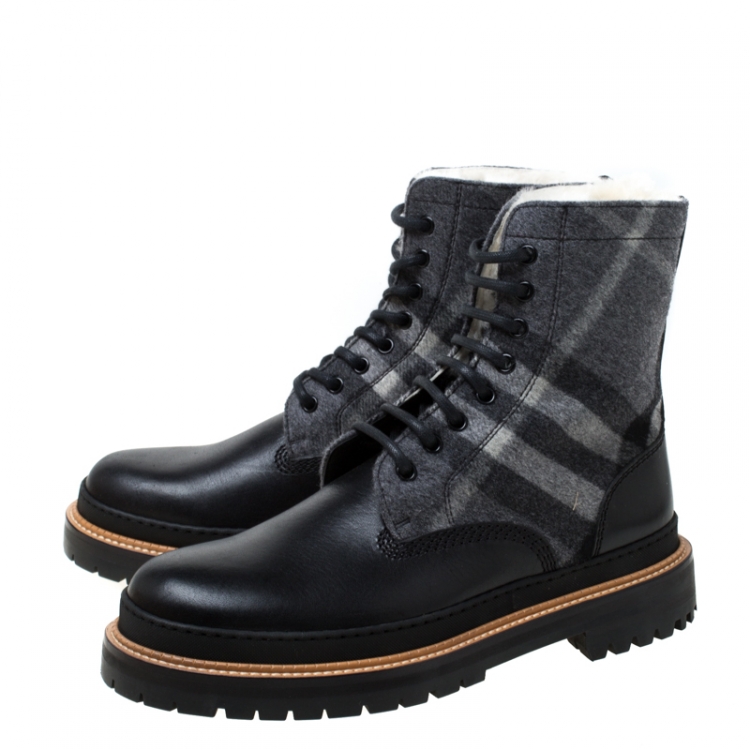 Pre Owned Burberry Black Leather And Wool Blend William Check Fur Lined Ankle Boots Size 41