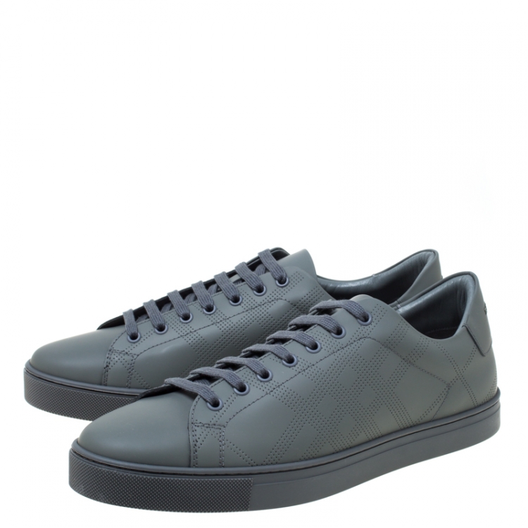 Pre Owned Burberry Dark Grey Perforated Leather Check Albert Sneakers Size 42