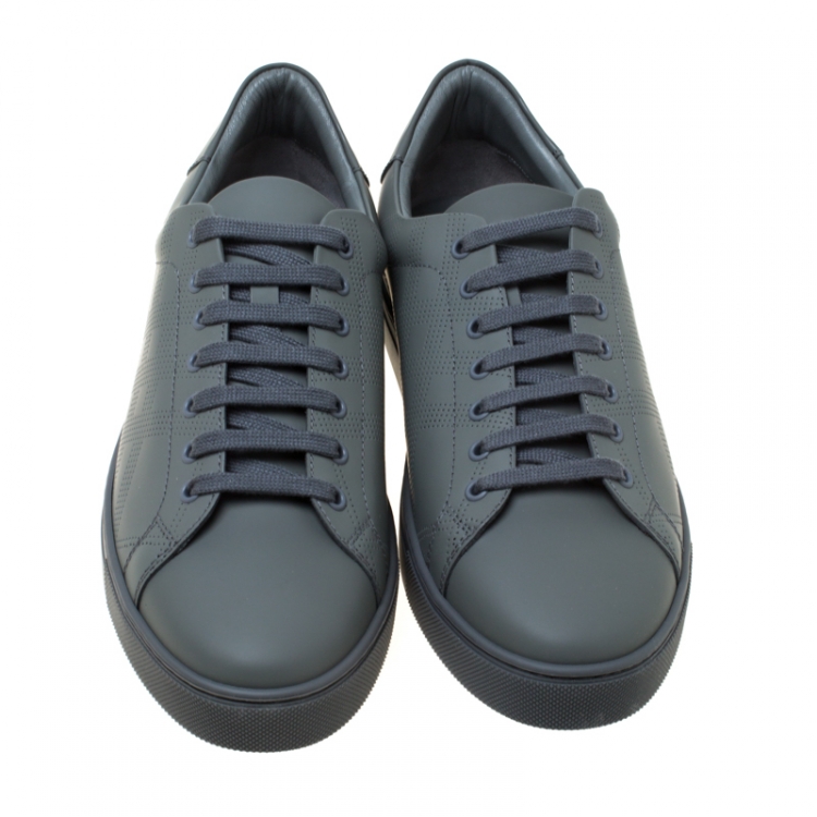 Pre Owned Burberry Dark Grey Perforated Leather Check Albert Sneakers Size 44