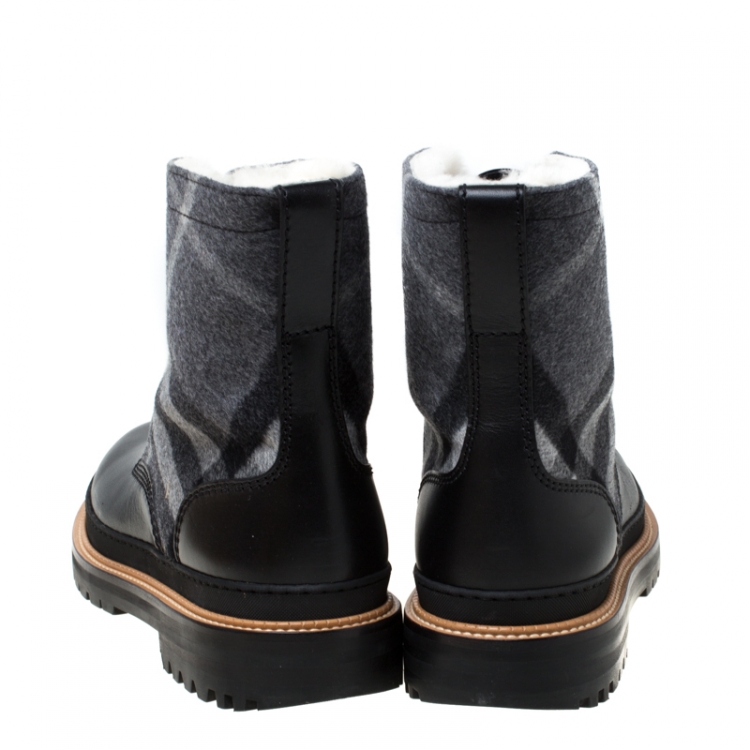 Pre Owned Burberry Black Leather And Wool Blend William Check Fur Lined Ankle Boots Size 41