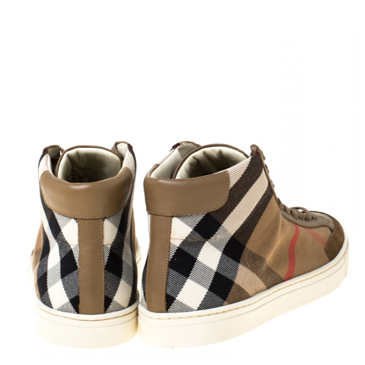 Pre Owned Burberry Beige Housecheck Canvas And Leather Painton High Top Sneakers Size 43