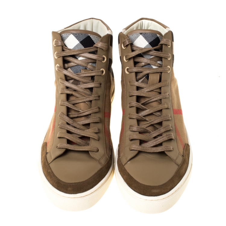 Pre Owned Burberry Beige Housecheck Canvas And Leather Painton High Top Sneakers Size 43