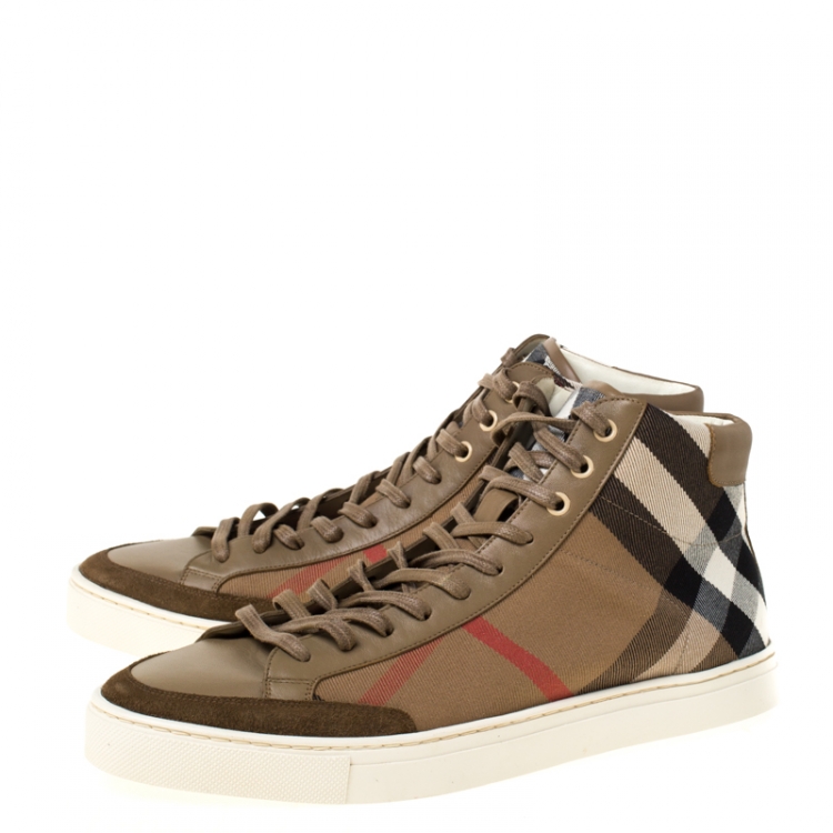 Pre Owned Burberry Beige Housecheck Canvas And Leather Painton High Top Sneakers Size 43