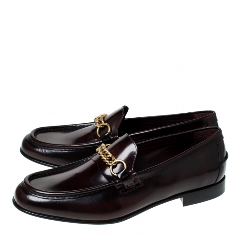 Pre Owned  Burberry Burgundy Leather Solway Chain Detail Slip On Loafers Size 44