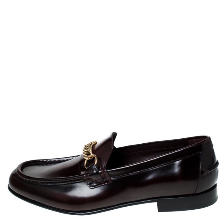 Pre Owned  Burberry Burgundy Leather Solway Chain Detail Slip On Loafers Size 44