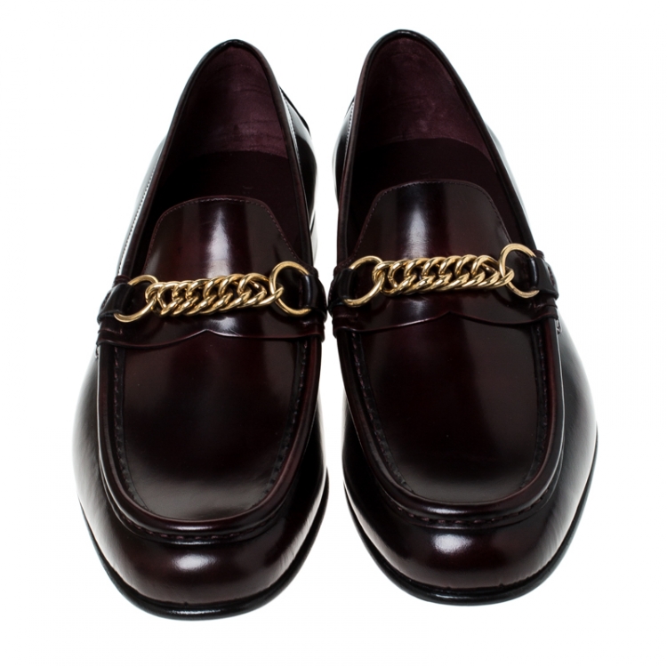 Pre Owned  Burberry Burgundy Leather Solway Chain Detail Slip On Loafers Size 44