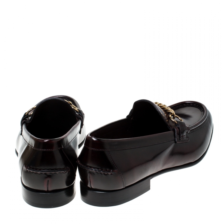 Pre Owned Burberry Burgundy Leather Solway Chain Detail Slip On Loafers Size 44.5