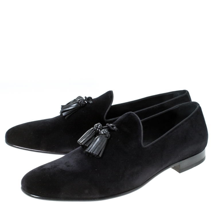 Pre Owned Burberry Black Velvet Tassel Slip On Loafers Size 45.5