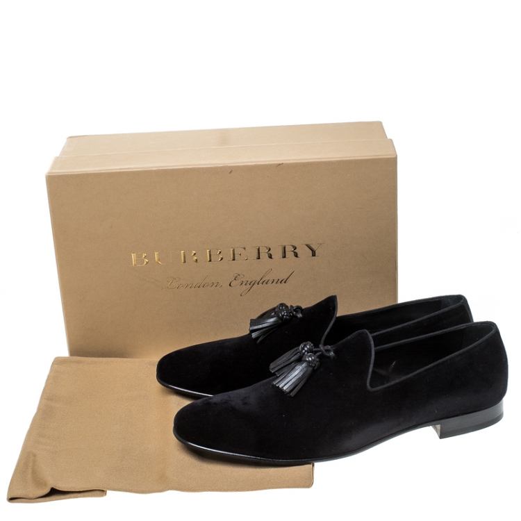 Pre Owned Burberry Black Velvet Tassel Slip On Loafers Size 45.5
