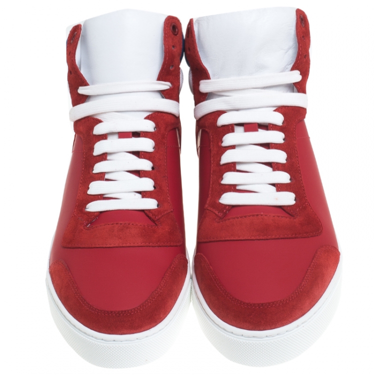 Pre Owned Burberry Red Leather/Suede Reeth High Top Sneakers Size 44