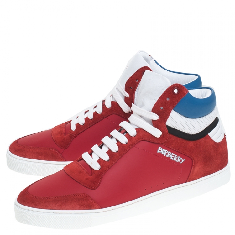 Pre Owned Burberry Red Leather/Suede Reeth High Top Sneakers Size 44