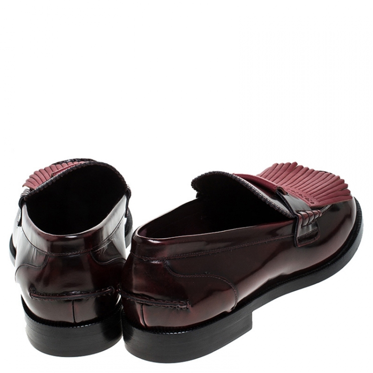 Pre Owned Burberry Burgundy Leather Bedmoore Fringe Detail Penny Loafers Size 45