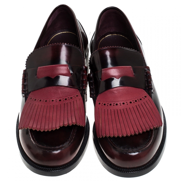 Pre Owned Burberry Burgundy Leather Bedmoore Fringe Detail Penny Loafers Size 45