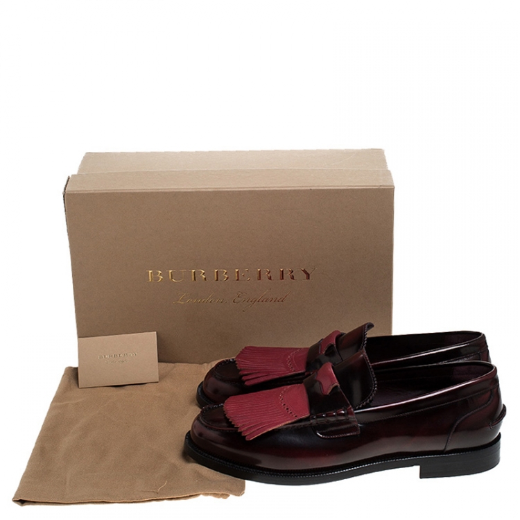 Pre Owned Burberry Burgundy Leather Bedmoore Fringe Detail Penny Loafers Size 45