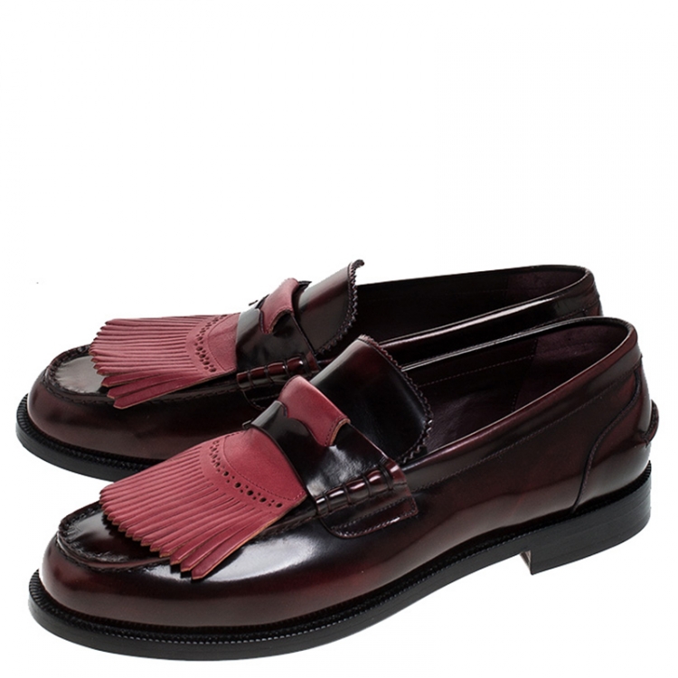 Pre Owned Burberry Burgundy Leather Bedmoore Fringe Detail Penny Loafers Size 45