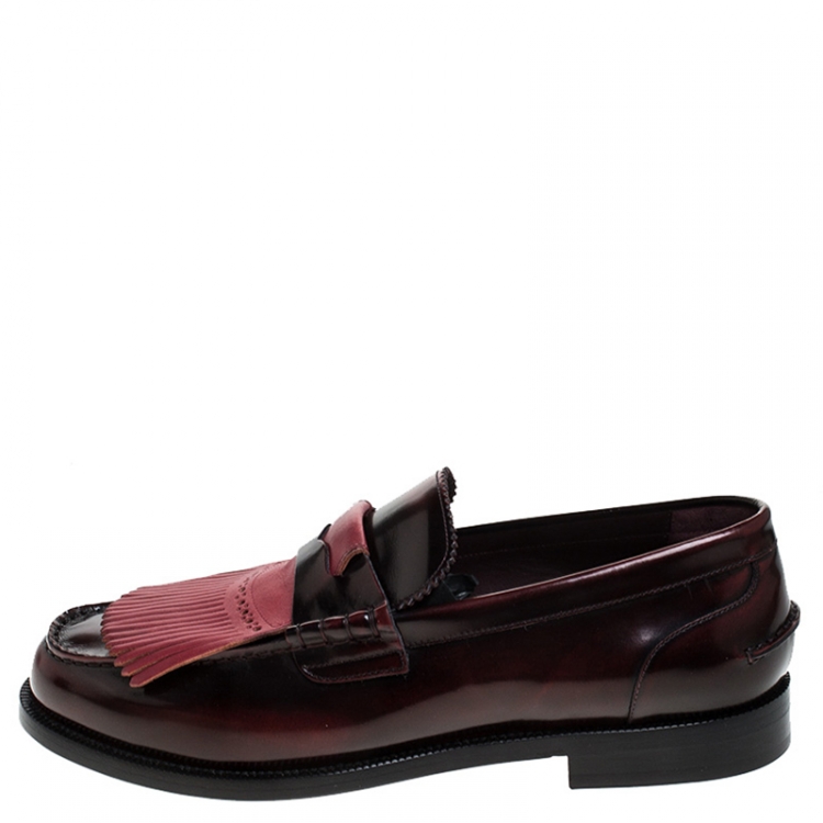 Pre Owned Burberry Burgundy Leather Bedmoore Fringe Detail Penny Loafers Size 45