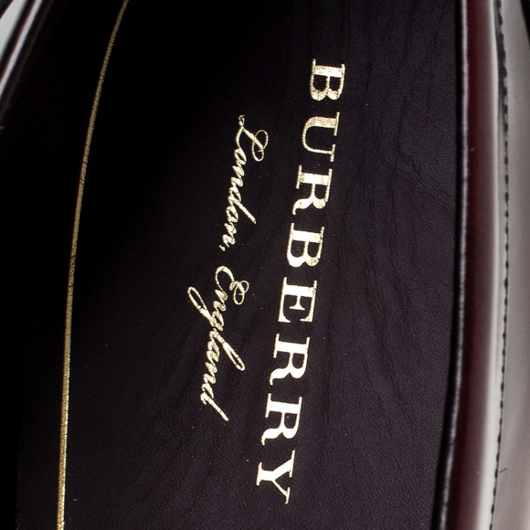 Pre Owned Burberry Burgundy Leather Bedmoore Fringe Detail Penny Loafers Size 45