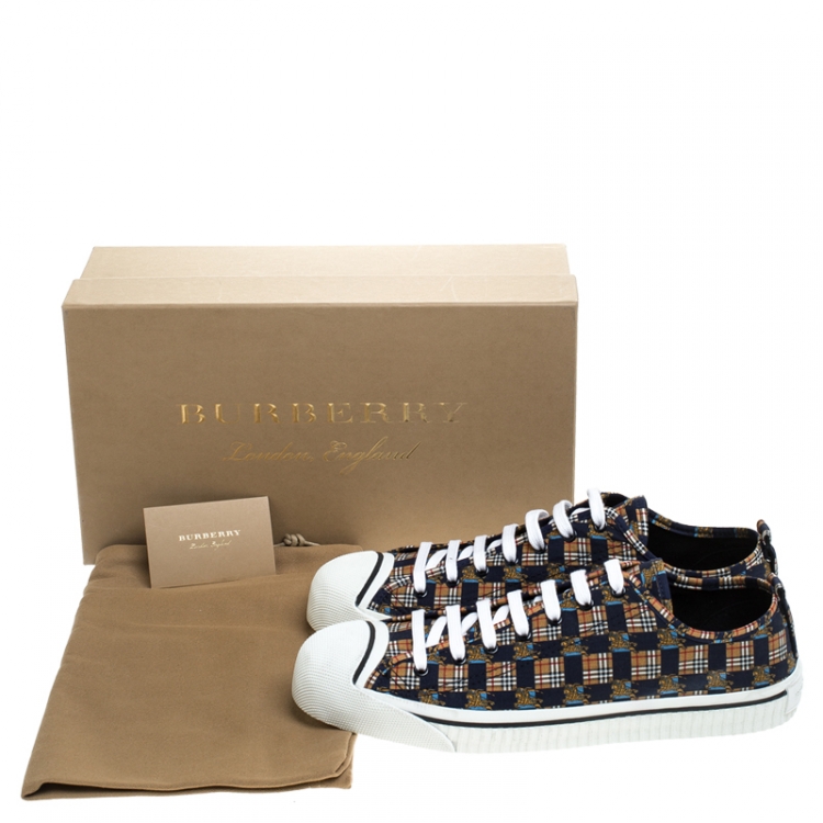 Pre Owned Burberry Blue/Brown Printed Canvas Kingly Low Top Sneakers Size 45.5