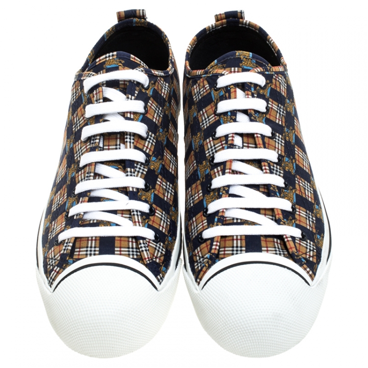 Pre Owned Burberry Blue/Brown Printed Canvas Kingly Low Top Sneakers Size 45.5