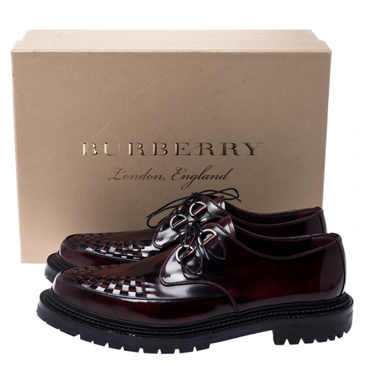 Pre Owned Burberry Black/Red Woven Detail Leather Lace Up Oxfords Size 45