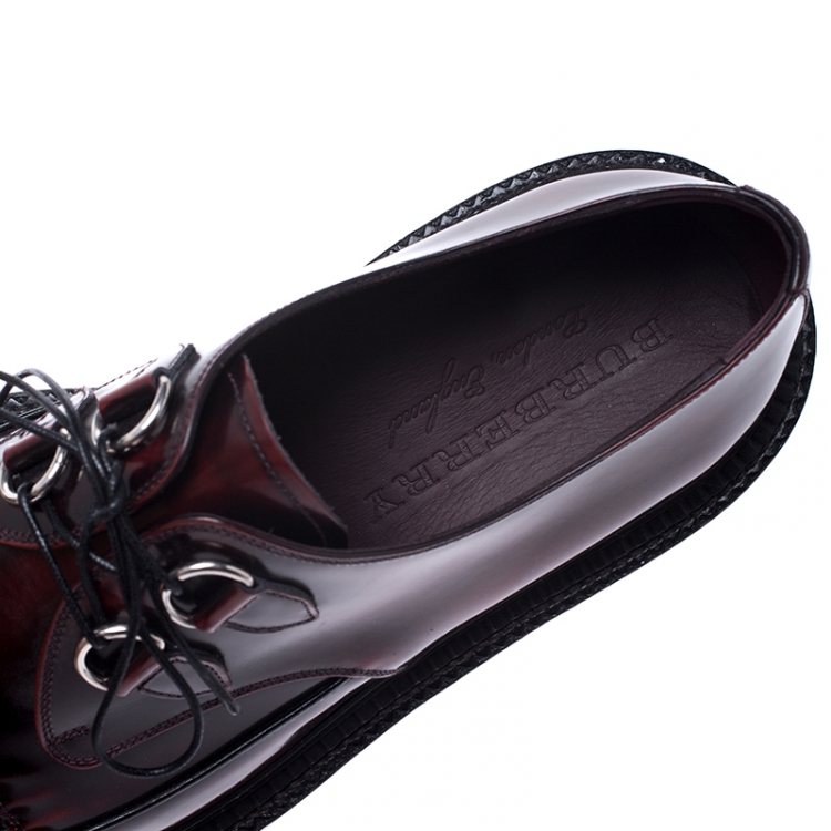 Pre Owned Burberry Black/Red Woven Detail Leather Lace Up Oxfords Size 45