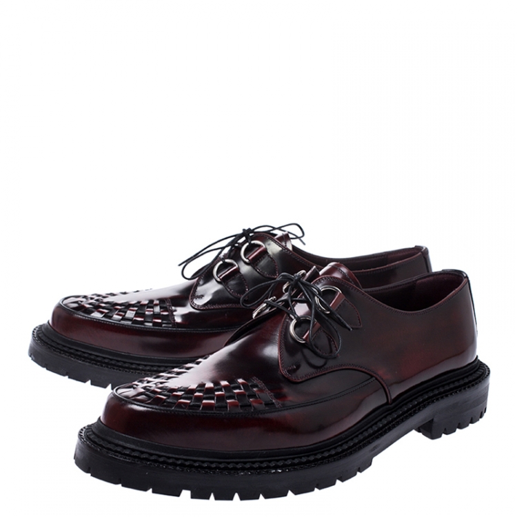 Pre Owned Burberry Black/Red Woven Detail Leather Lace Up Oxfords Size 45