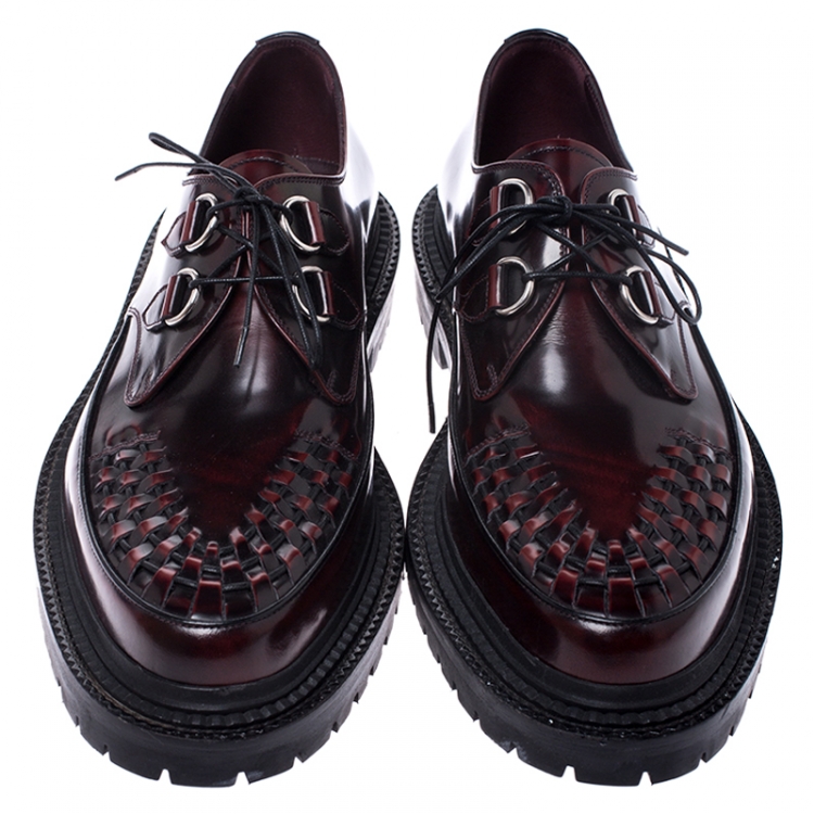 Pre Owned Burberry Black/Red Woven Detail Leather Lace Up Oxfords Size 45