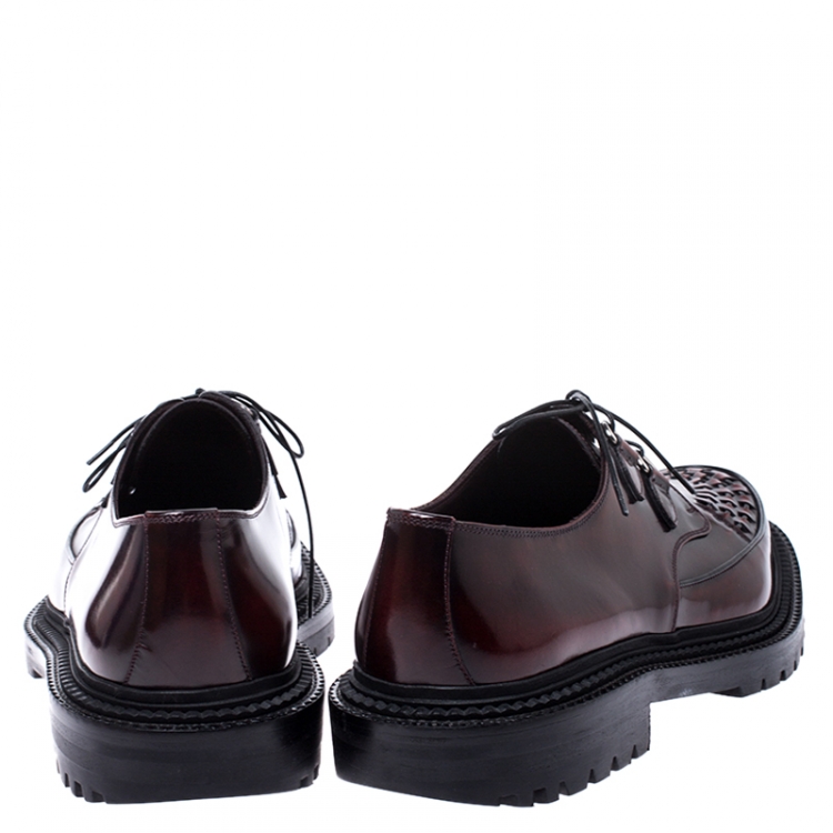 Pre Owned Burberry Black/Red Woven Detail Leather Lace Up Oxfords Size 45