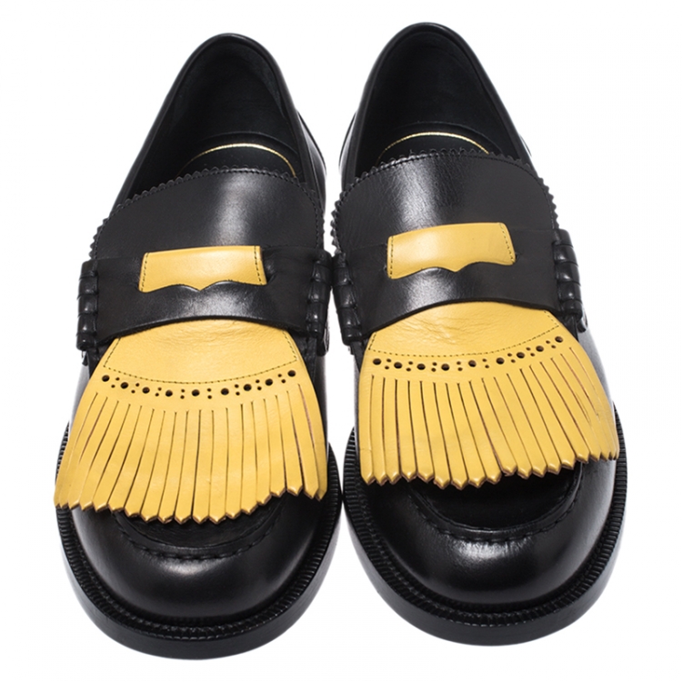 Pre Owned Burberry Black/Yellow Leather Bedmoore Fringe Detail Penny Loafers Size 44
