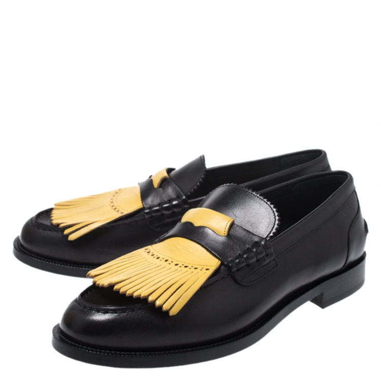 Pre Owned Burberry Black/Yellow Leather Bedmoore Fringe Detail Penny Loafers Size 44