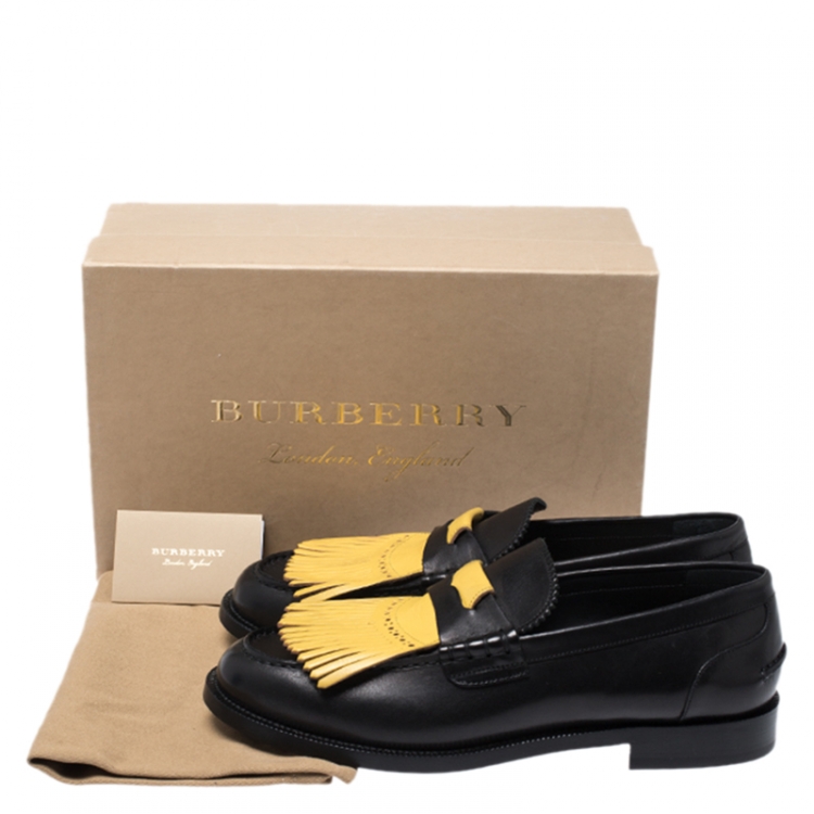 Pre Owned Burberry Black/Yellow Leather Bedmoore Fringe Detail Penny Loafers Size 44