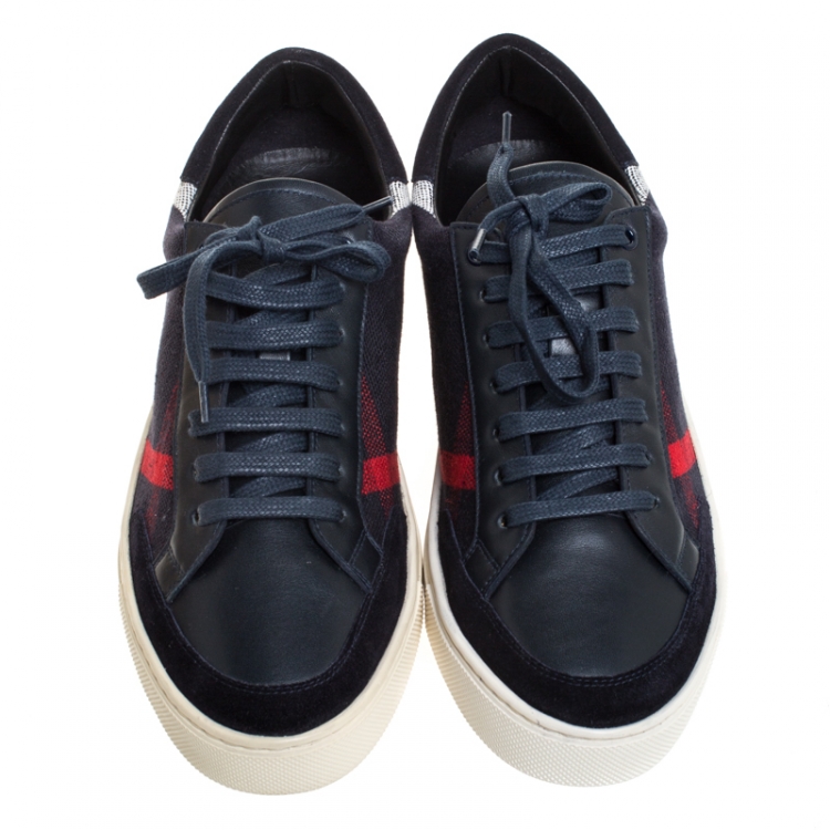Pre Owned Burberry Blue Nova check Canvas And Leather Reynold Lace Up Sneakers Size 41