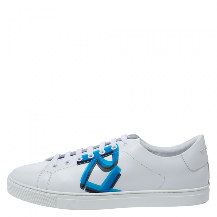 Burberry White/Blue Graffiti Print Leather Low Top Sneakers Size 45 Burberry  | TLC