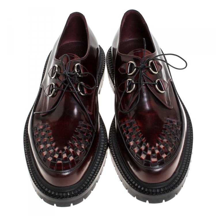 Pre Owned Burberry Burgundy Leather Woven Toe Detail Lace Up Platform Creepers Size 45