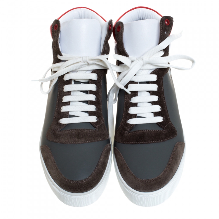 مملوكة مسبقًا Burberry Grey/Red Leather and Suede Reeth High Top Sneakers Size 45.5