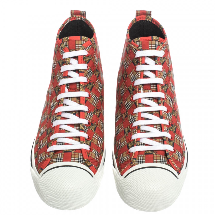 Pre Owned Burberry Red Canvas Kingly Print High Top Sneakers Size 44.5