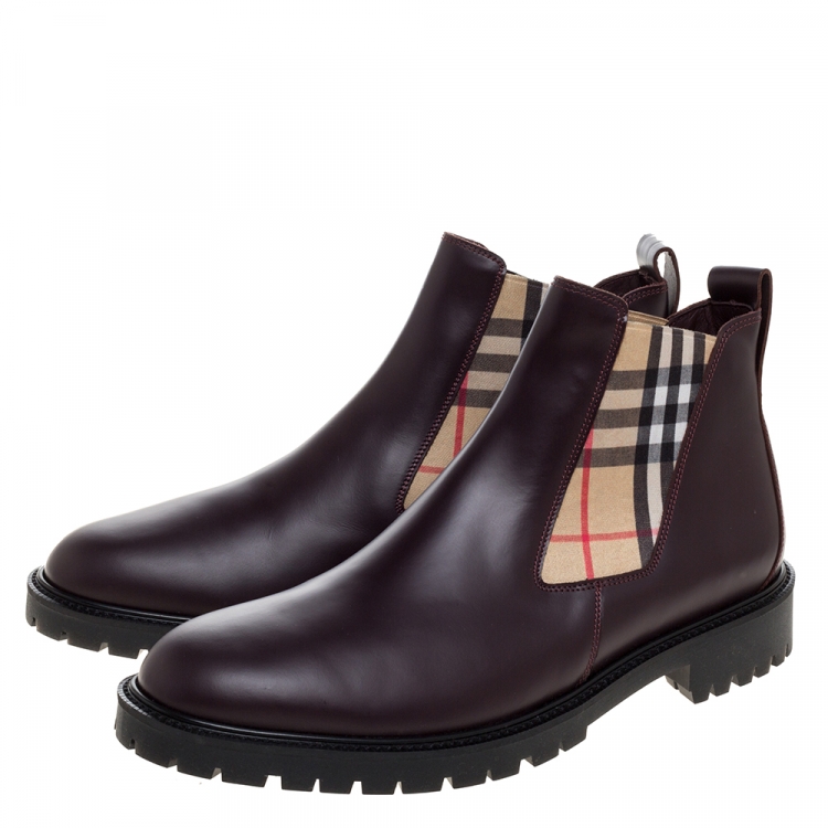 Pre Owned Burberry Brown Leather Vintage Check Chelsea Boots Size 45.5
