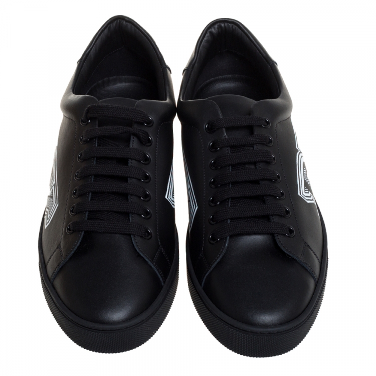 Pre Owned Burberry Black Leather Albert Bprin Printed Low Top Sneakers Size 40.5