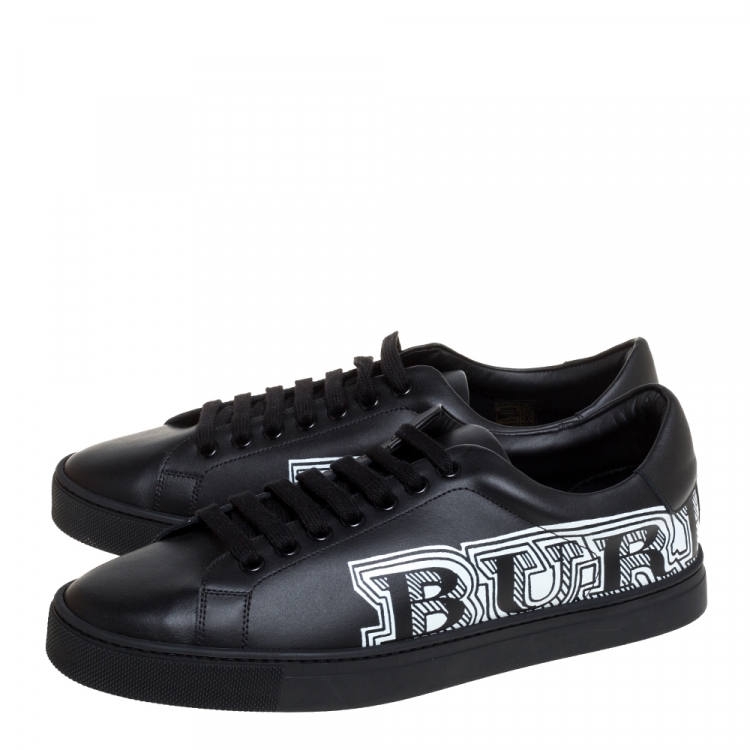 Pre Owned Burberry Black Leather Albert Bprin Printed Low Top Sneakers Size 40.5