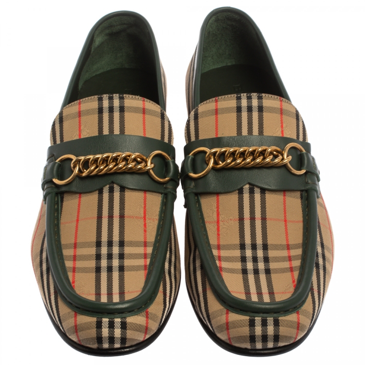 Pre Owned Burberry Beige /Green HayMarket Canvas And Leather Moorley Chain  Loafers Size 45