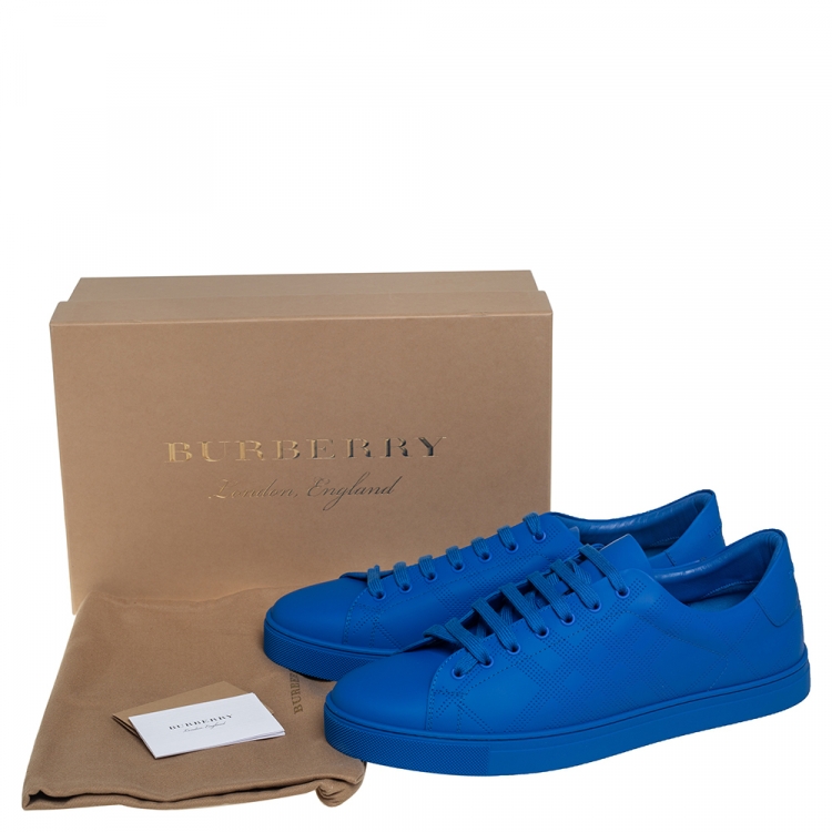 Pre Owned Burberry Blue Perforated Check Leather Westford Low Top Sneakers Size 46