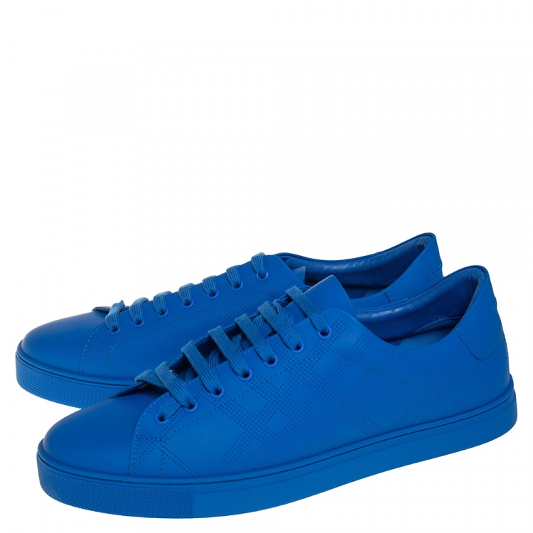 Pre Owned Burberry Blue Perforated Check Leather Westford Low Top Sneakers Size 46