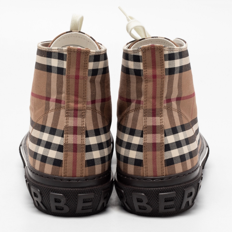 Pre Owned Burberry Brown/Beige Canvas Check Fabric High Top Sneakers Size 44